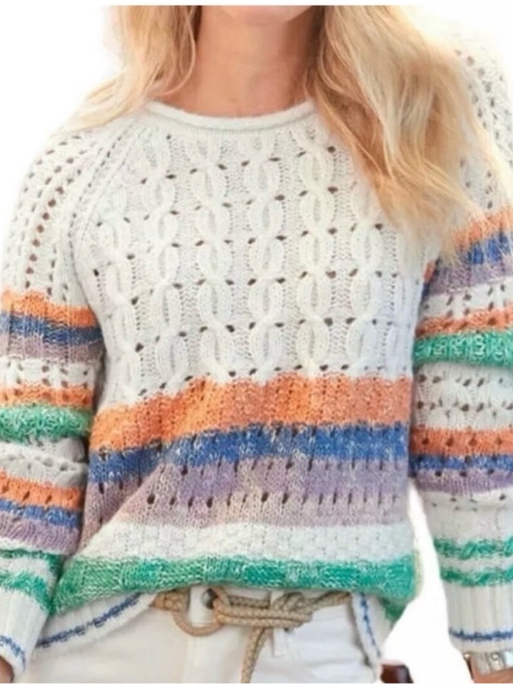 Sundance Waters Edge White Multi Stripe Cable Pointelle Knit Sweater XS